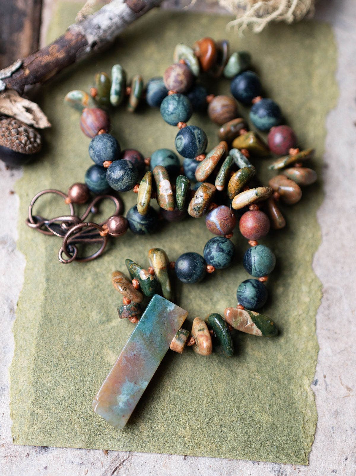 Rainforest Rhyolite Gemstone Green Rustic Autumn Necklace