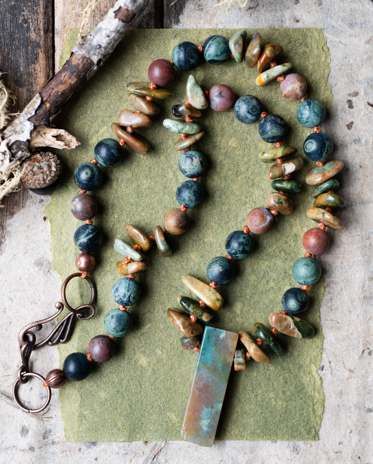 Rainforest Rhyolite Gemstone Green Rustic Autumn Necklace