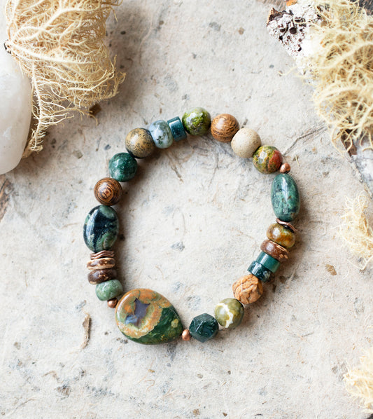 Rhyolite Green Moss Agate Rustic Gemstone Stretch Bracelet