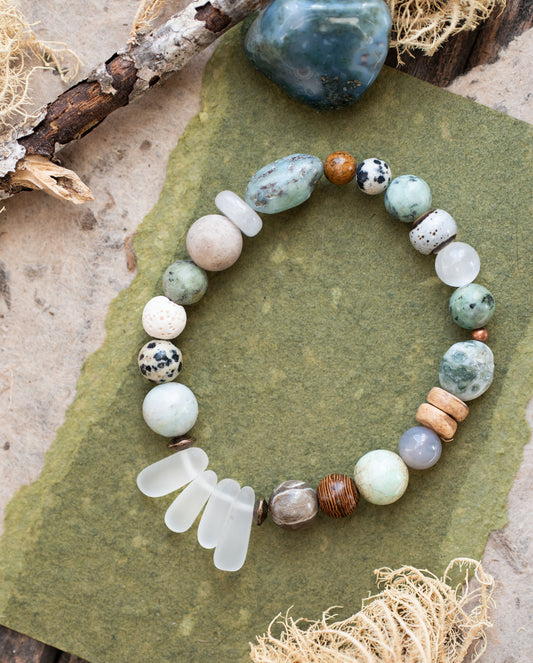 Sea Glass Larimar Rustic Pebble Gemstone Beaded Bracelet