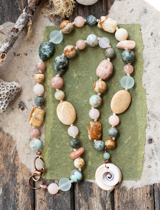 Beach Seashell Knotted Cord Amazonite Sunstone Gemstone Necklace