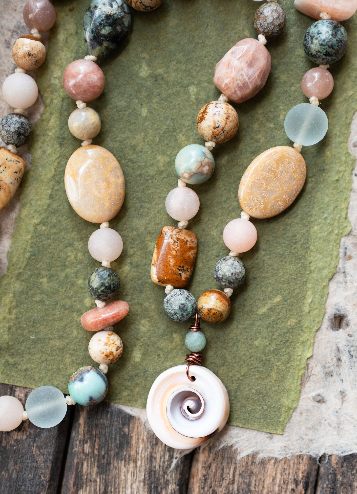 Beach Seashell Knotted Cord Amazonite Sunstone Gemstone Necklace