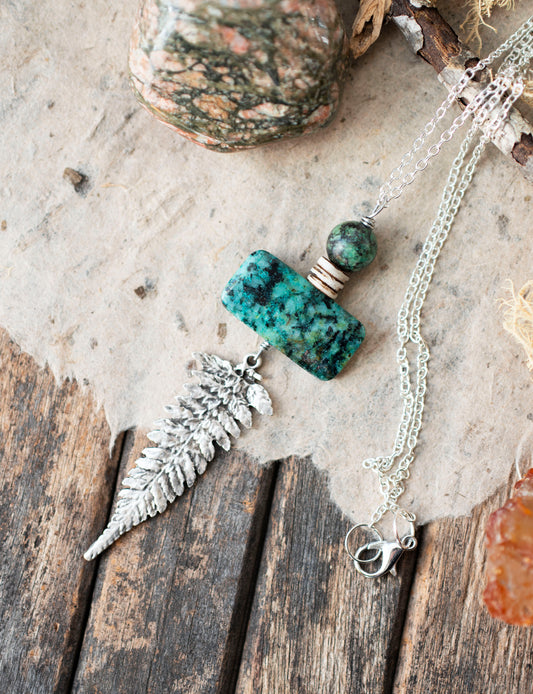 African Turquoise Silver Fern Pendant Necklace