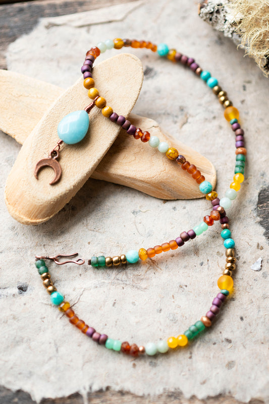 Crescent Moon Boho Colorful Beaded Necklace