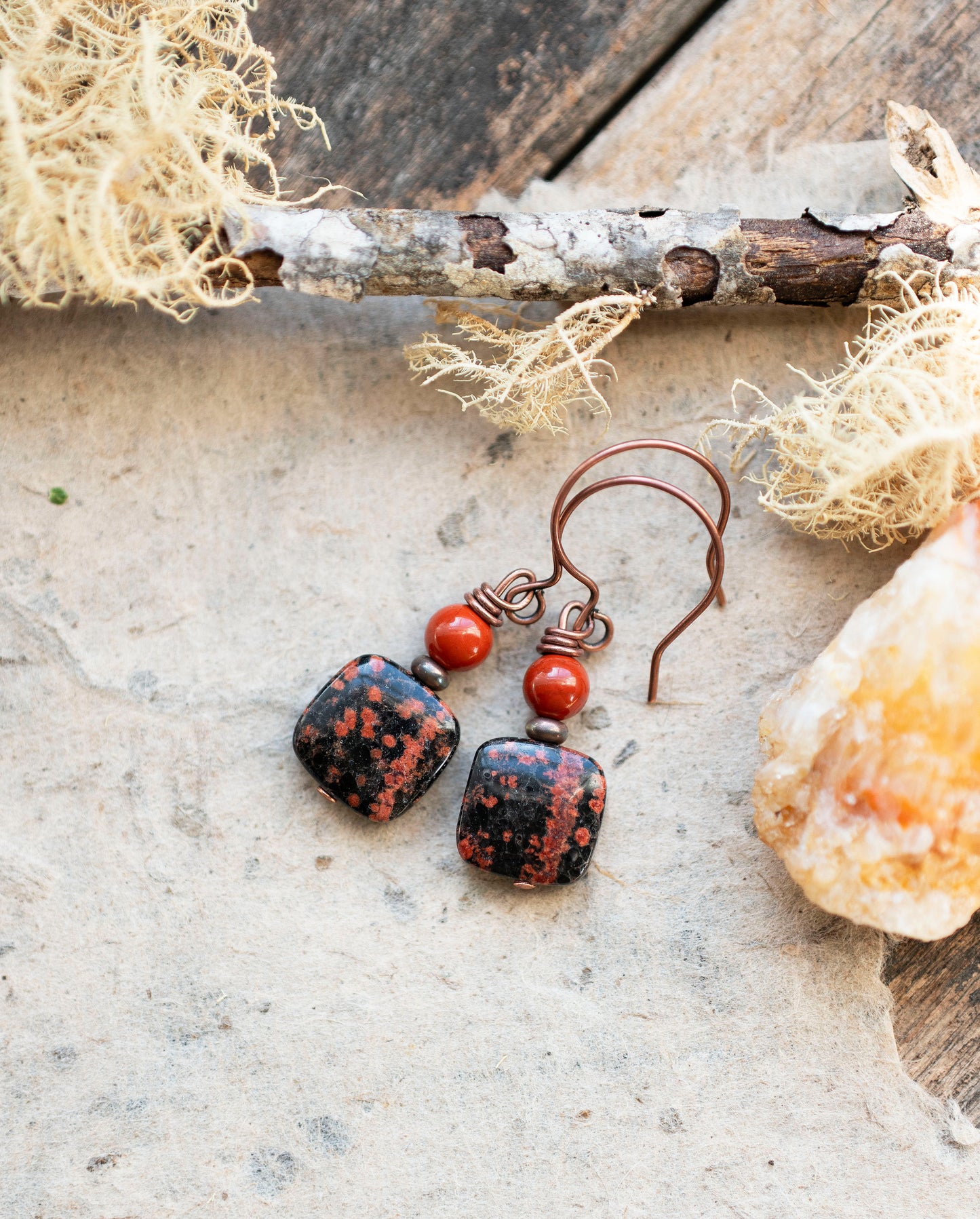 Red Mexican Snowflake Obsidian Gemstone Earrings