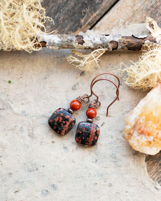 Red Mexican Snowflake Obsidian Gemstone Earrings