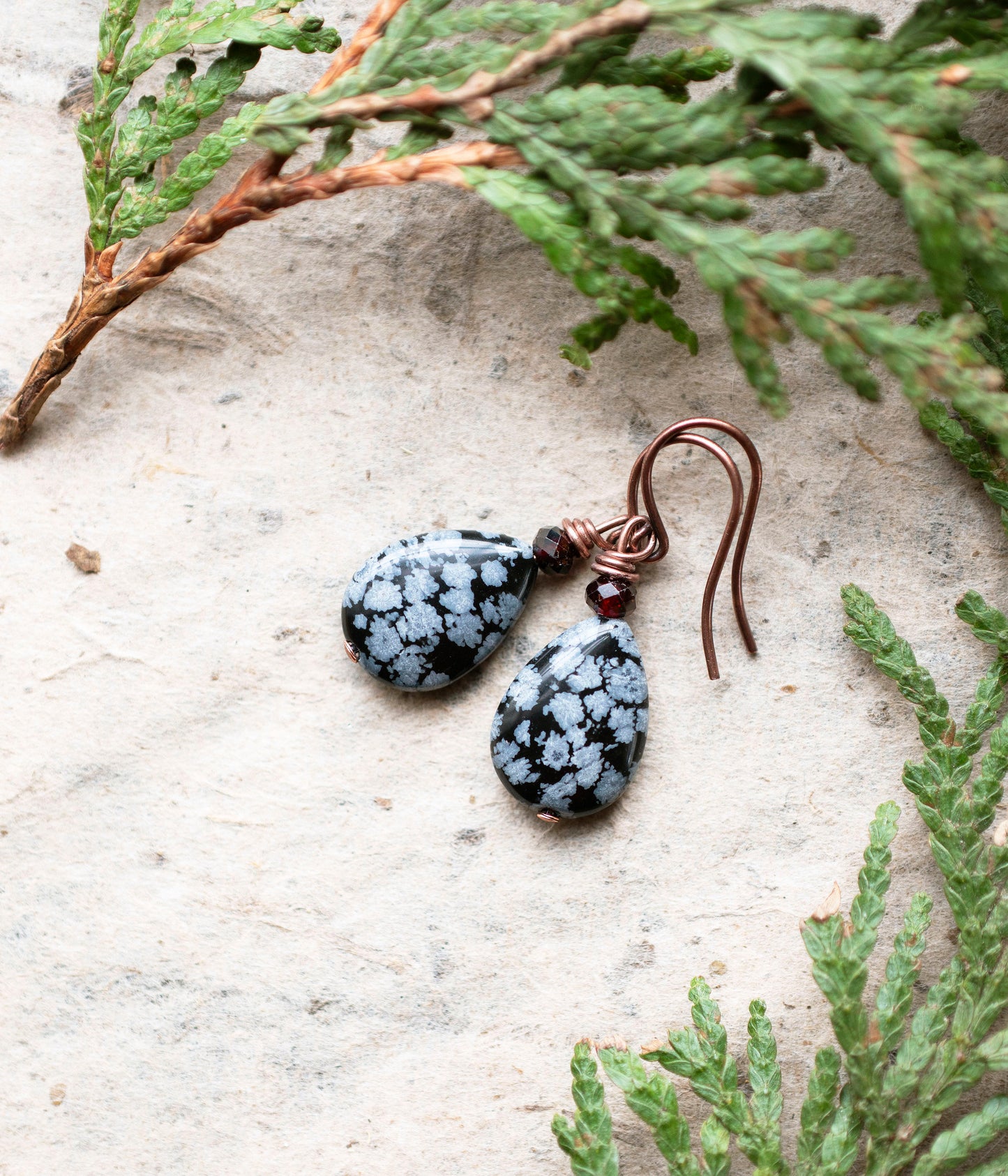 Snowflake Obsidian Dark Winter Garnet Earrings