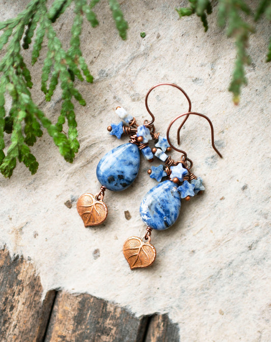 Blue Sodalite Copper Heart Plant Leaf Earrings