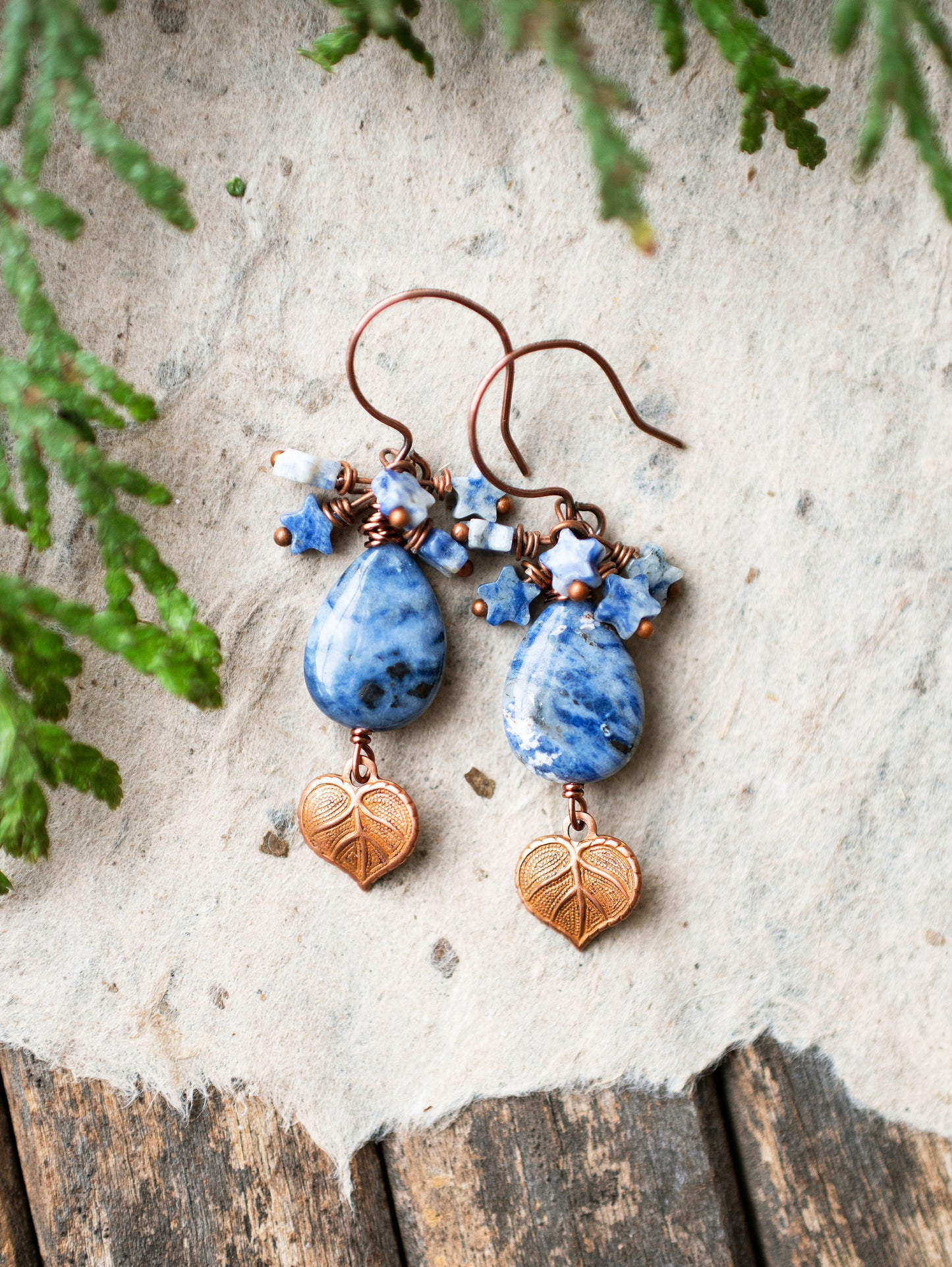 Blue Sodalite Copper Heart Plant Leaf Earrings