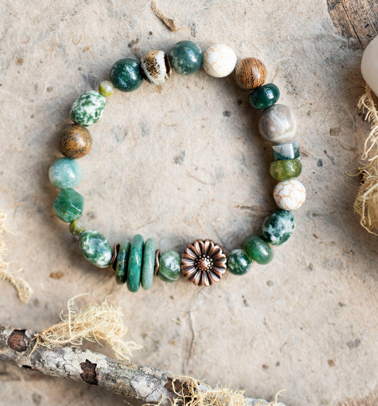 Copper Sunflower Green Garden Gemstone Stretch Bracelet