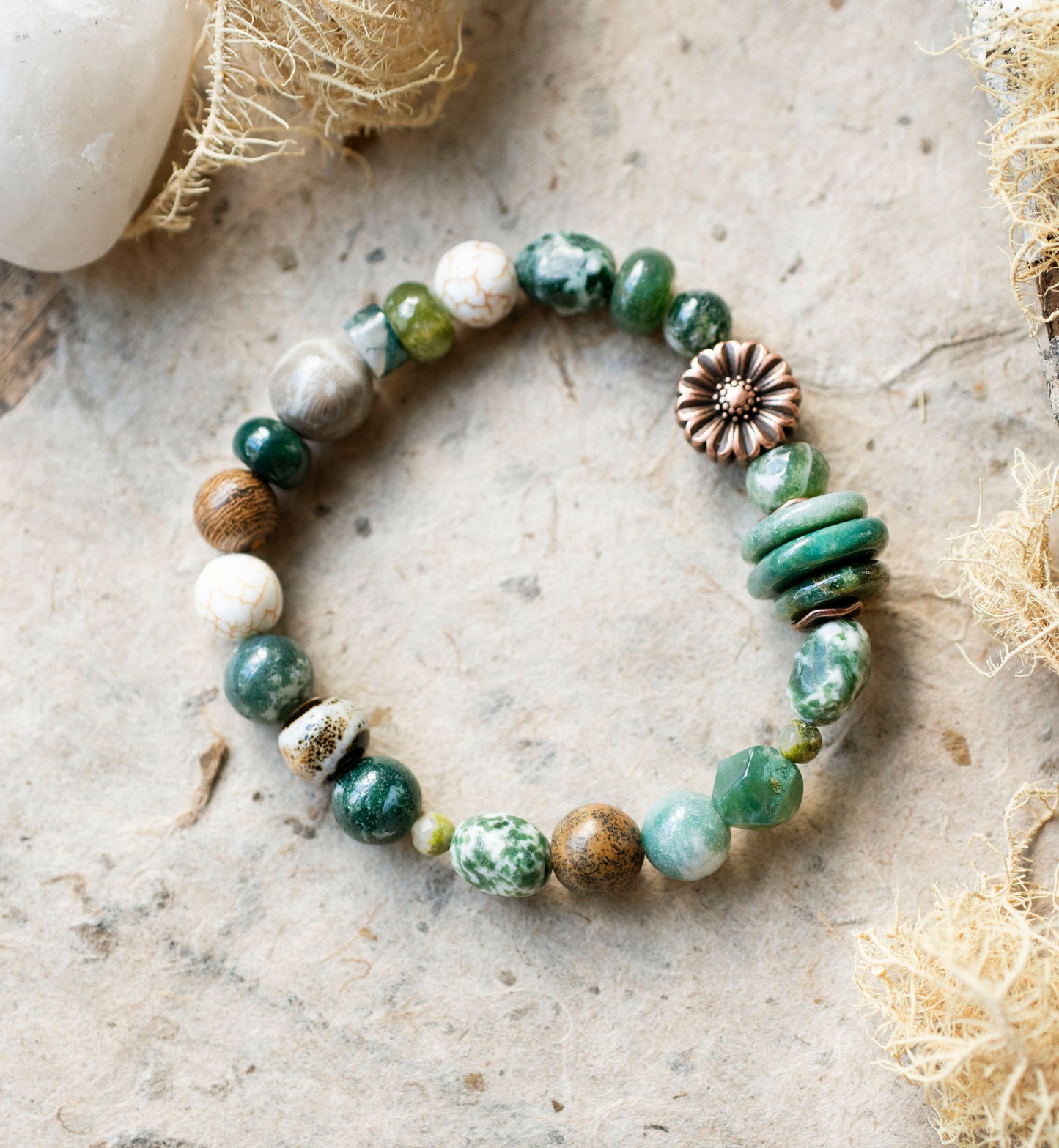 Copper Sunflower Green Garden Gemstone Stretch Bracelet