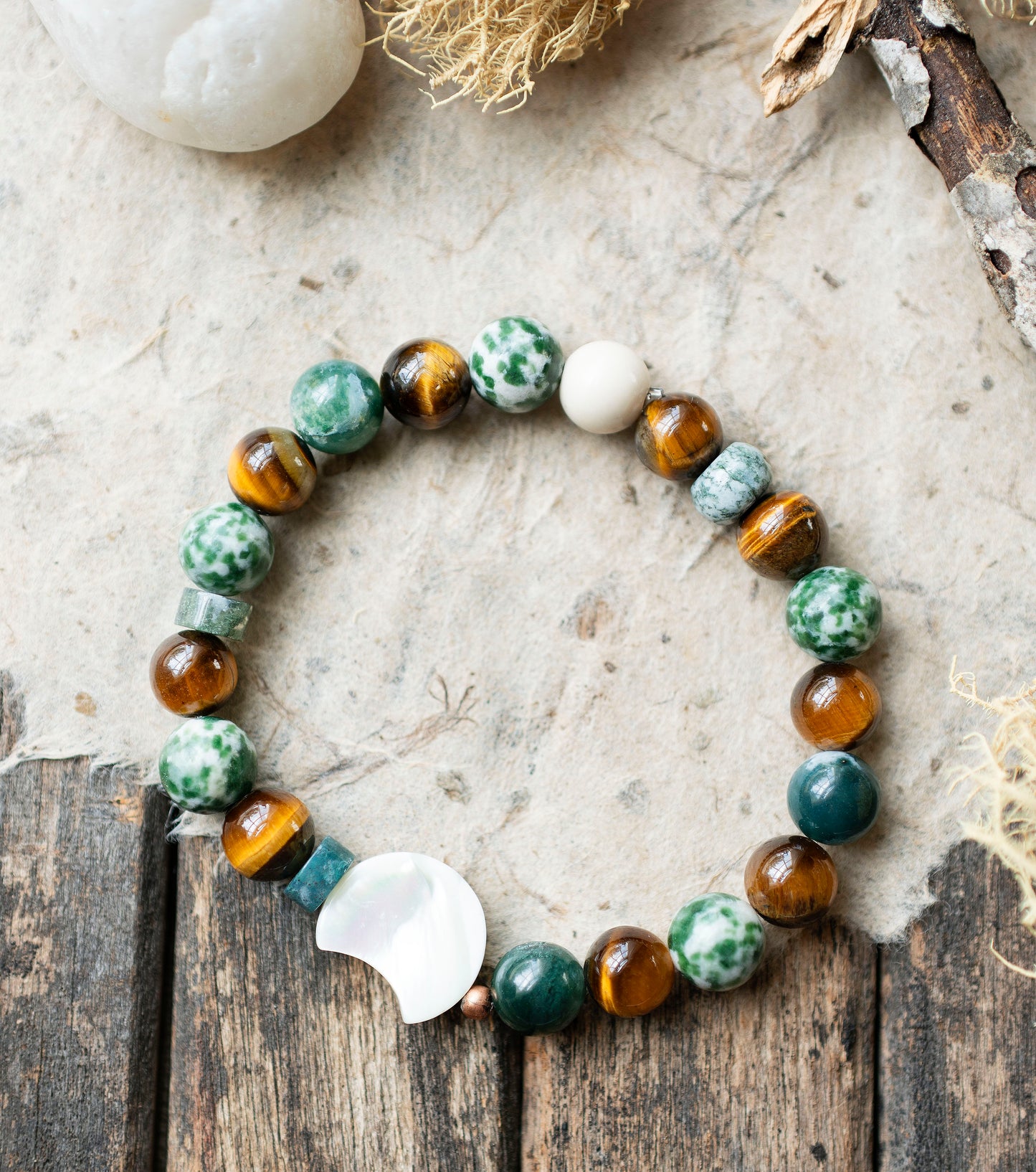 Mother of Pearl Moon Tiger's Eye Tree Agate Gemstone Stretch Bracelet