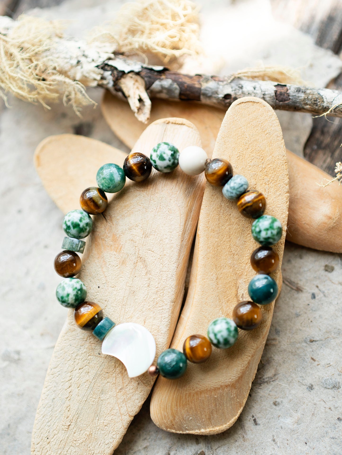 Mother of Pearl Moon Tiger's Eye Tree Agate Gemstone Stretch Bracelet