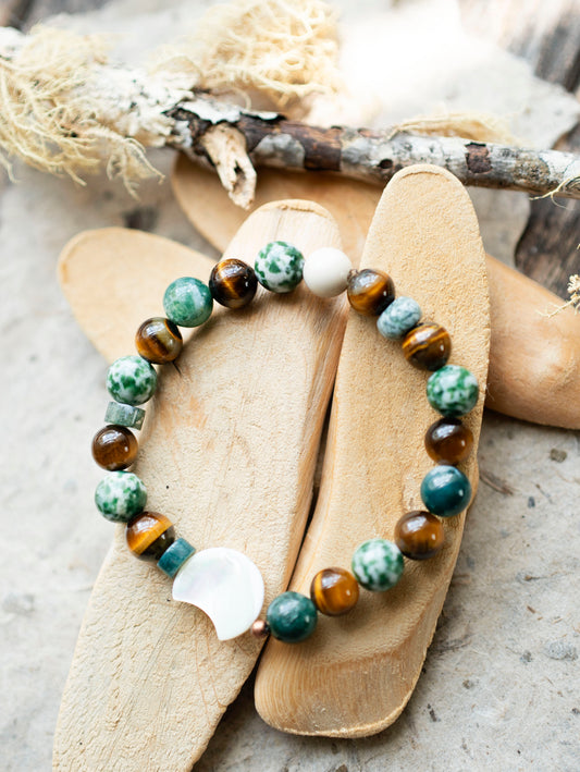 Mother of Pearl Moon Tiger's Eye Tree Agate Gemstone Stretch Bracelet