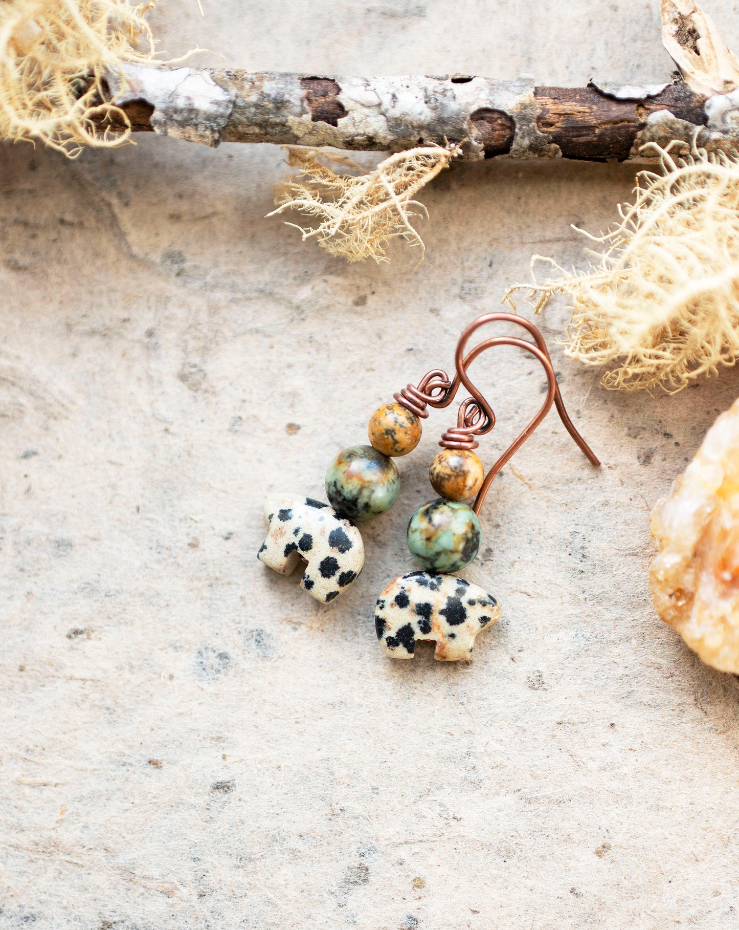 Dalmatian Jasper Bear Earrings with African Turquoise
