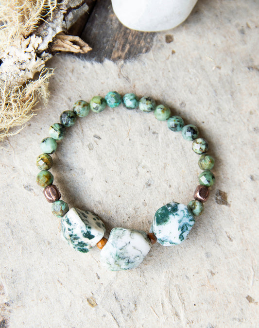 Green Tree Agate & Turquoise Stretch Bracelet