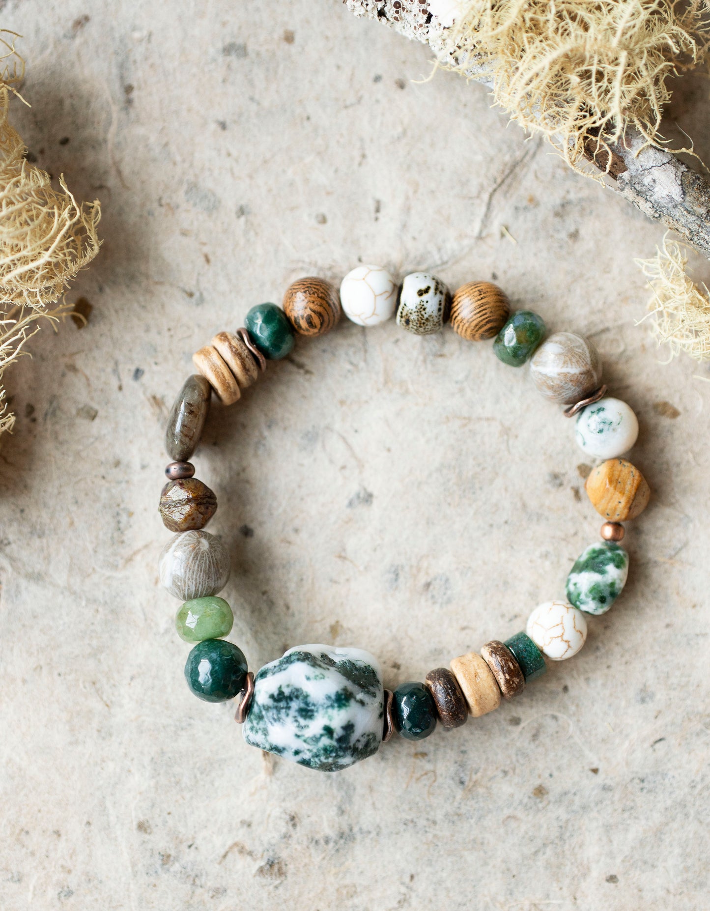 Green Tree Agate Earthy Gemstone Stretch Bracelet