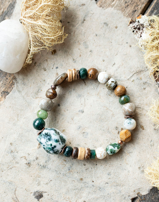 Green Tree Agate Earthy Gemstone Stretch Bracelet