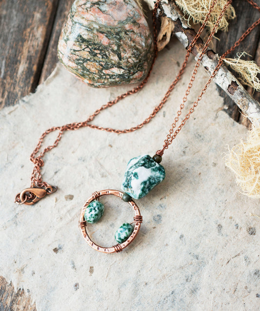 Copper Tree Agate Gemstone Pendant Necklace