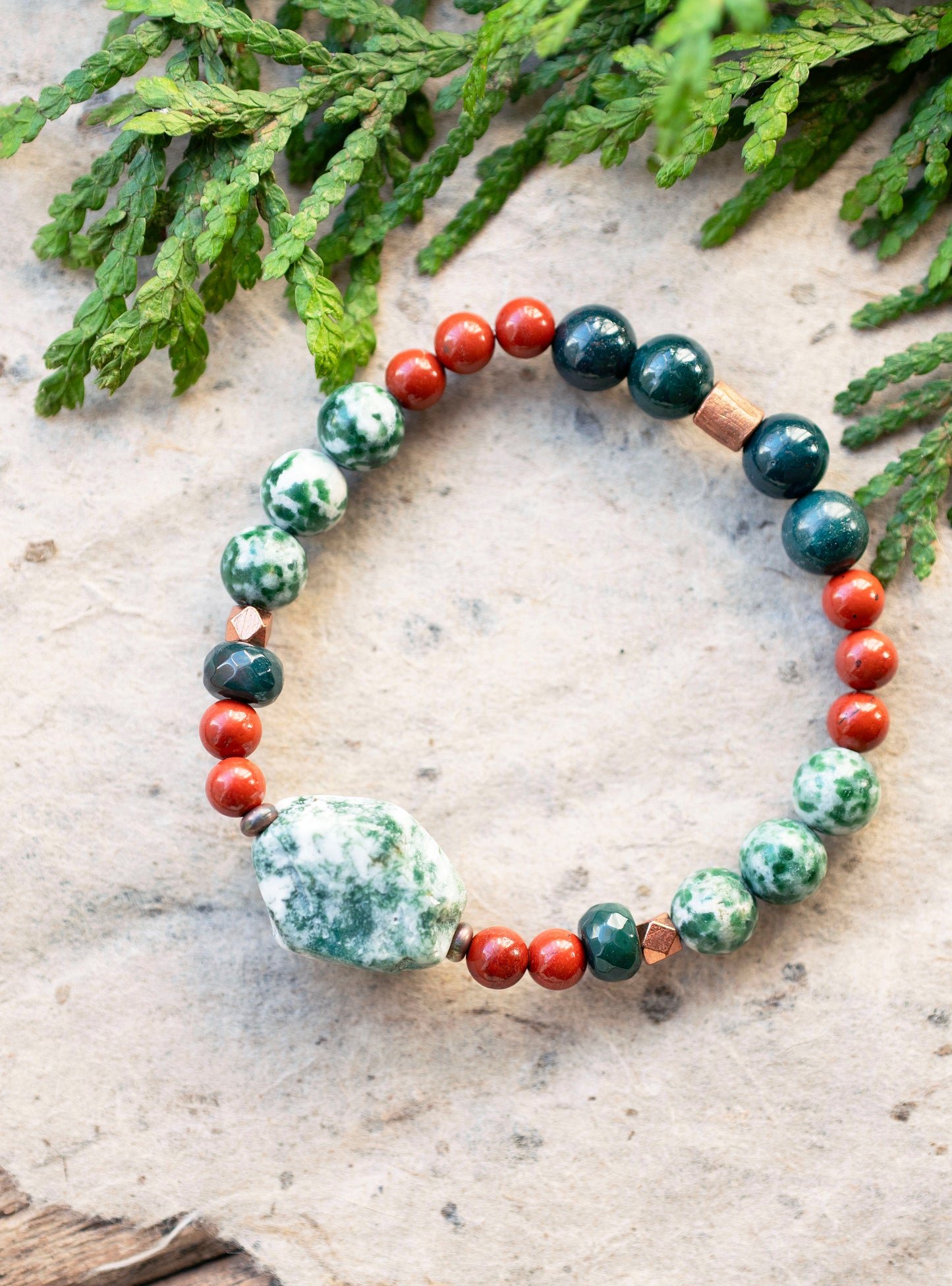 Holiday Tree Agate Red Jasper Gemstone Stretch Bracelet