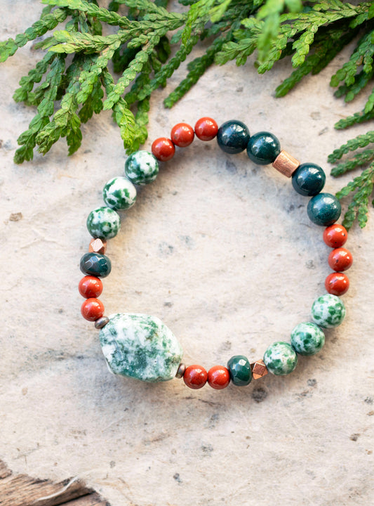 Holiday Tree Agate Red Jasper Gemstone Stretch Bracelet