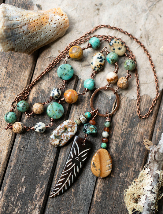 Coastal Magic African Turquoise Carved Bone Necklace