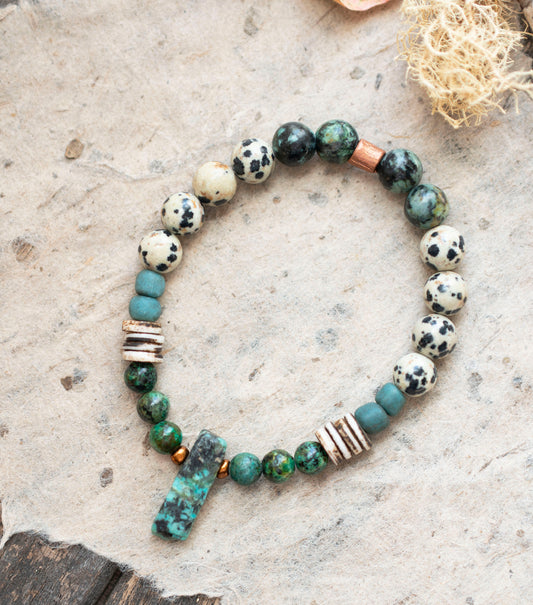 African Turquoise Vibrant Blue Green Gemstone Stretch Bracelet