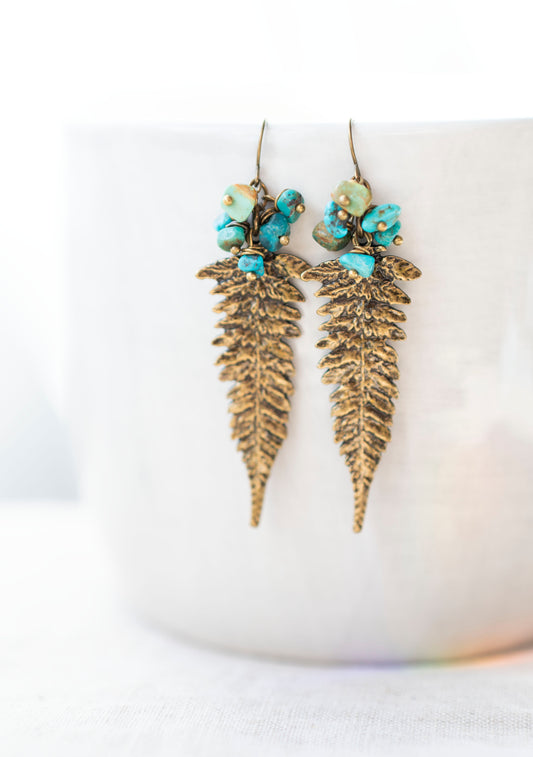 Fern Leaf Earrings with Turquoise Gemstones