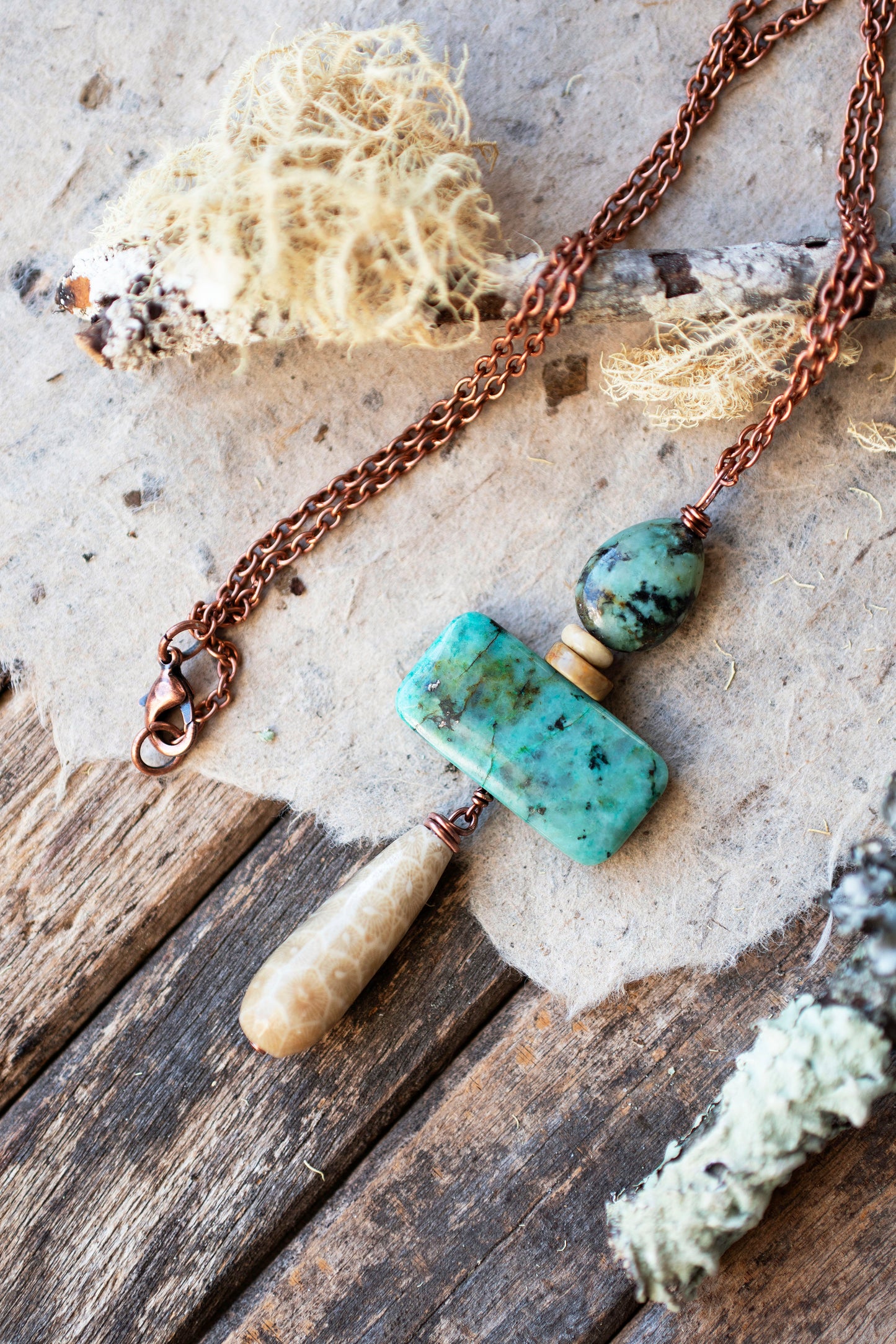 African Turquoise and Coral Fossil Pendant Necklace
