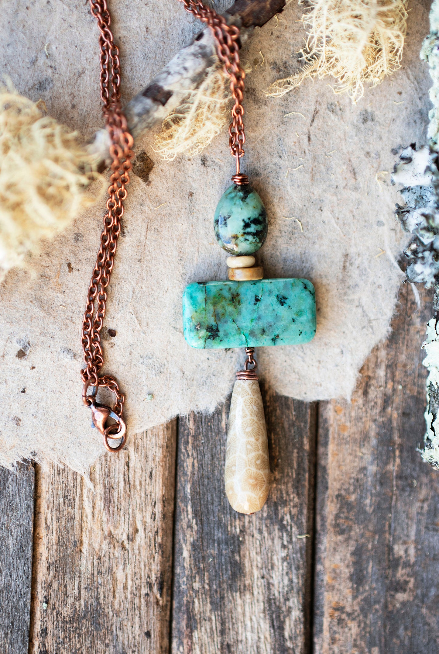 African Turquoise and Coral Fossil Pendant Necklace