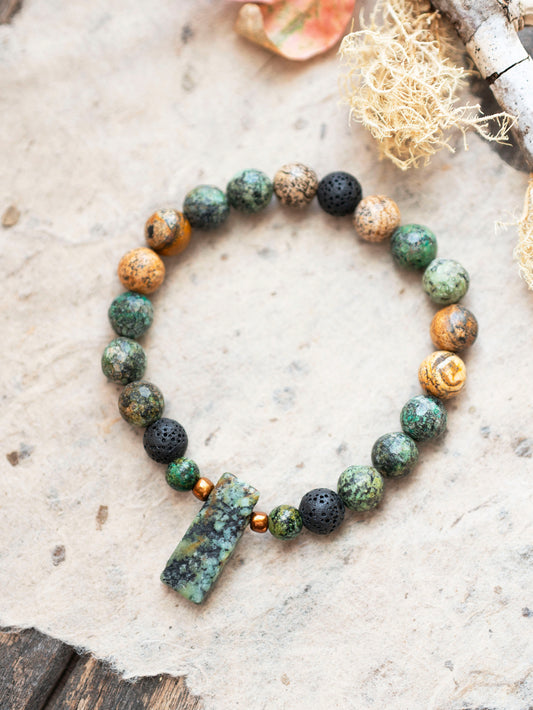 African Turquoise Earthy Lava Stone Gemstone Stretch Bracelet