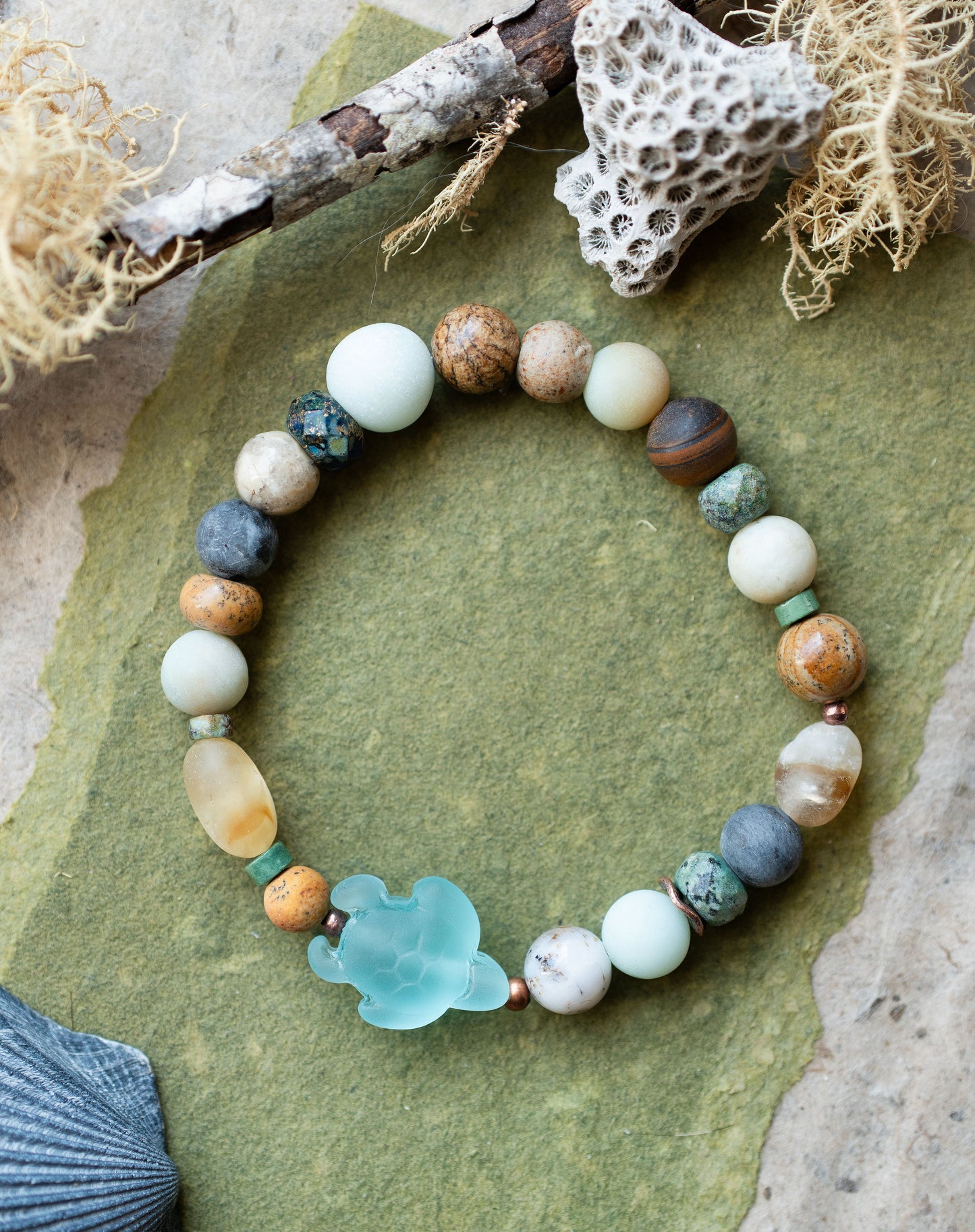 Sea Turtle Ocean Inspired Gemstone Stretch Bracelet