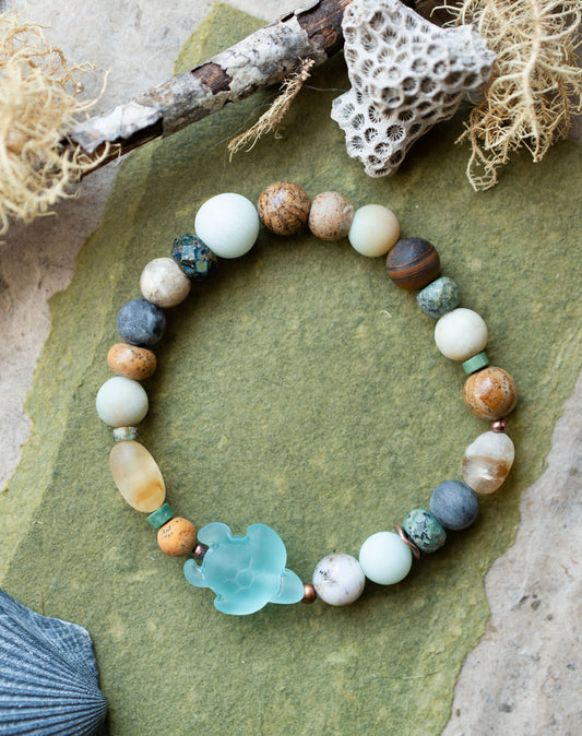 Sea Turtle Ocean Inspired Gemstone Stretch Bracelet