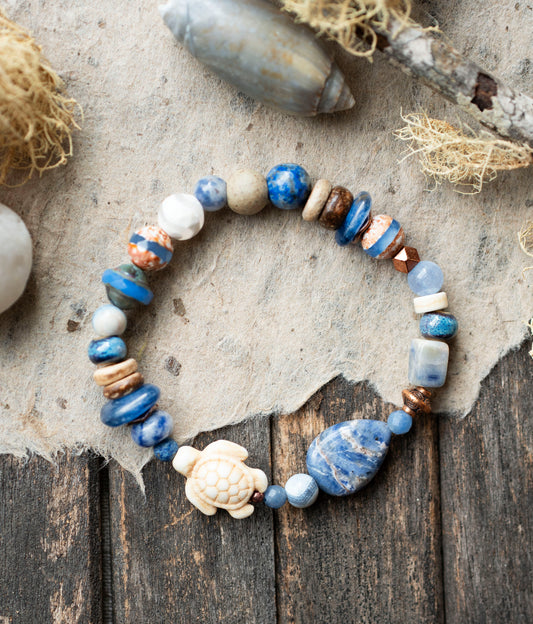 Sea Turtle Sodalite Blue Kyanite Gemstone Stretch Bracelet