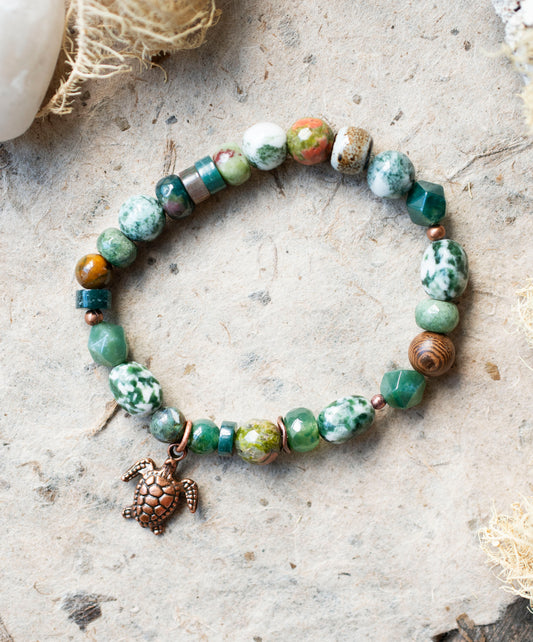 Copper Turtle Garden Green Gemstone Stretch Bracelet