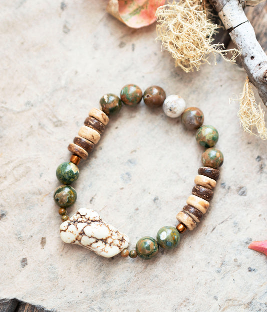 Earthy White Magnesite Green Rhyolite Gemstone Stretch Bracelet