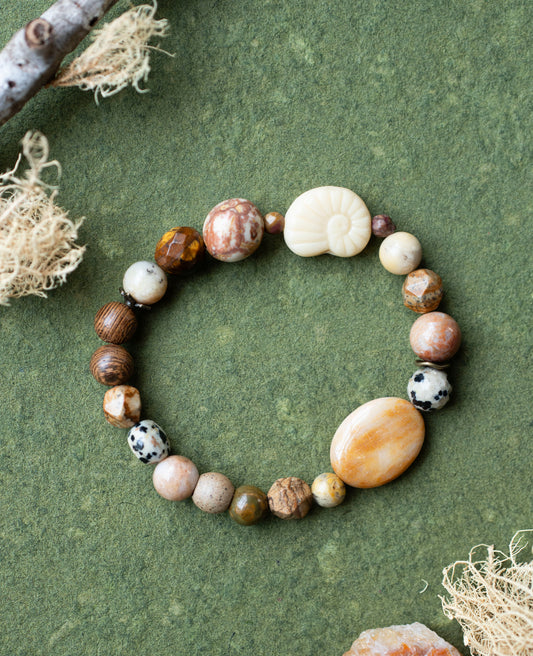 White Shell Fossil Coral Gemstone Wooden Jasper Stretch Bracelet