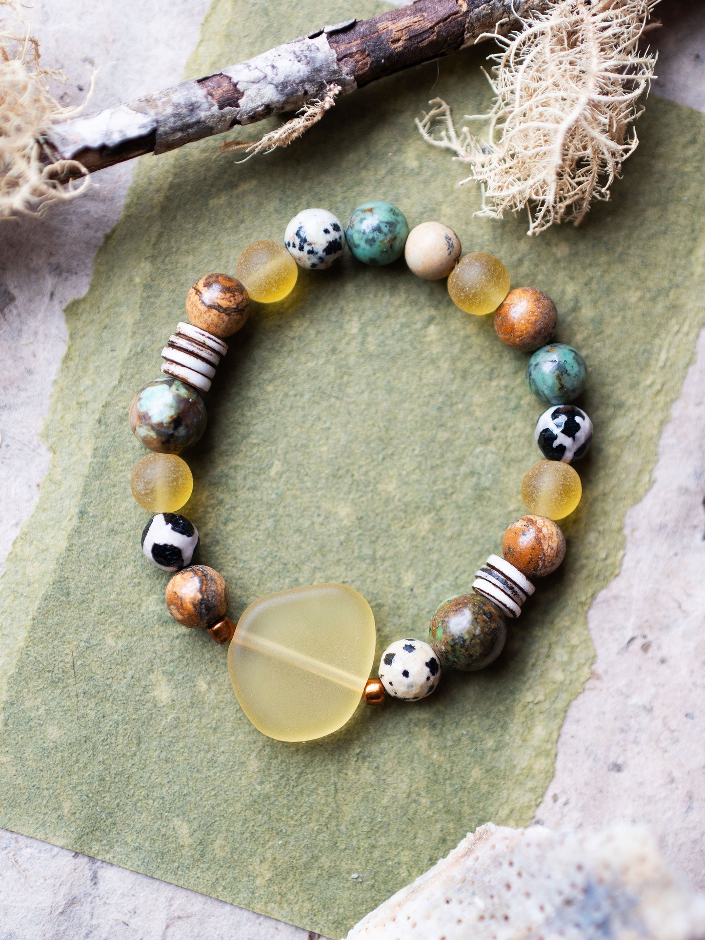 Yellow Sea Glass Rustic Coastal Gemstone Stretch Bracelet