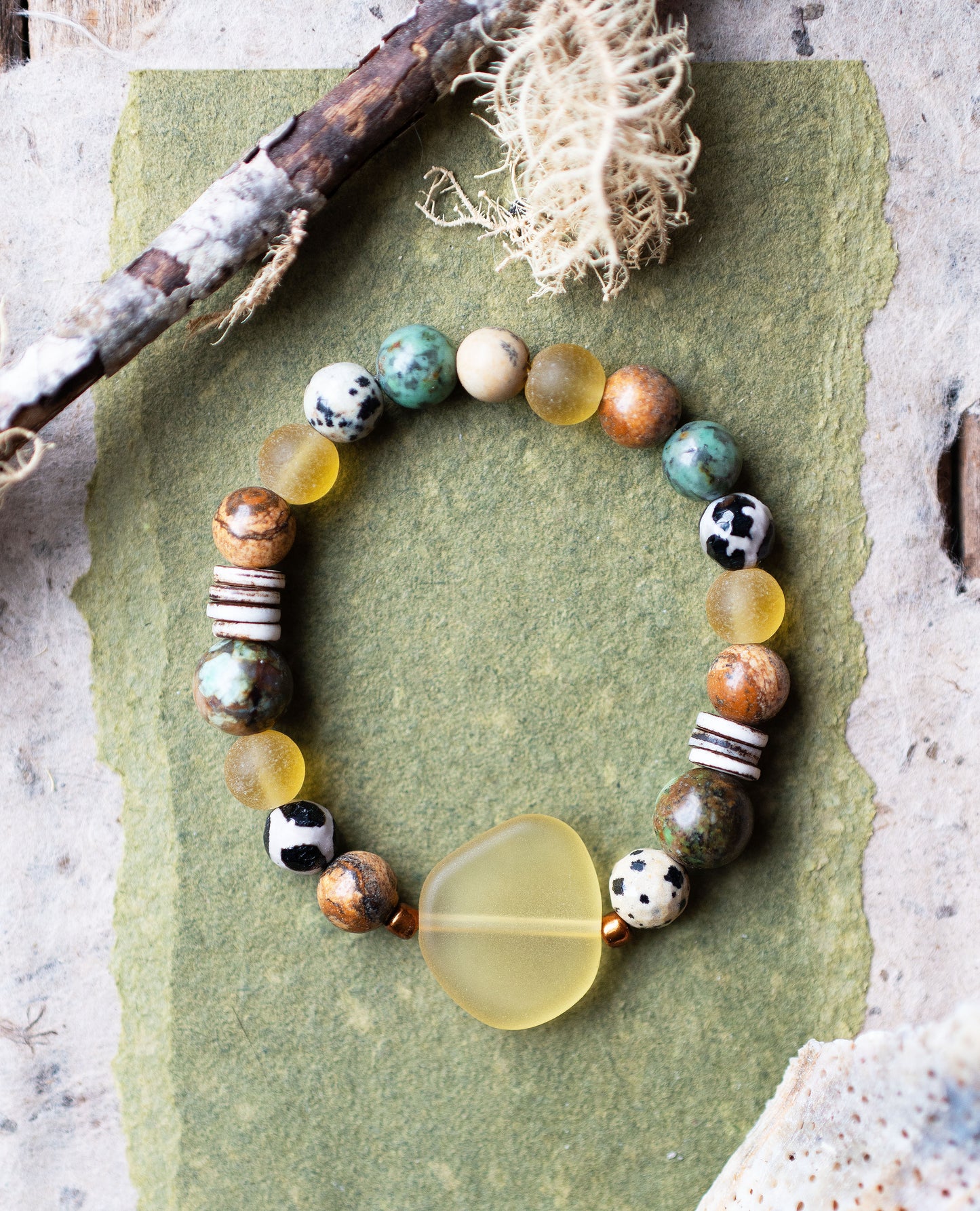Yellow Sea Glass Rustic Coastal Gemstone Stretch Bracelet