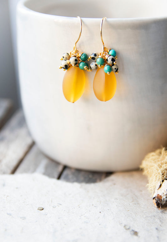 Yellow Sea Glass and Turquoise Earrings