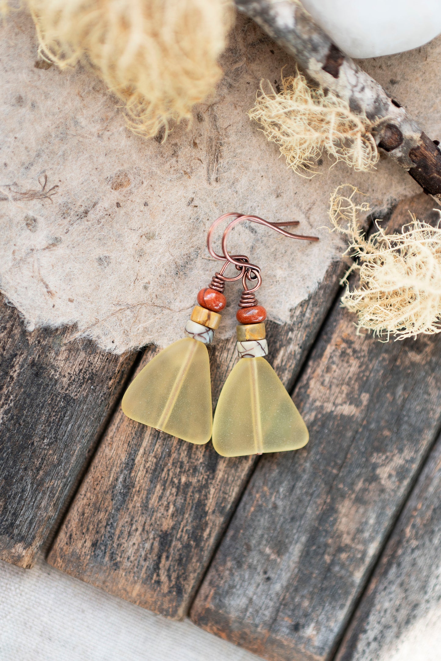 Yellow Sea Glass Triangle Boho Earrings