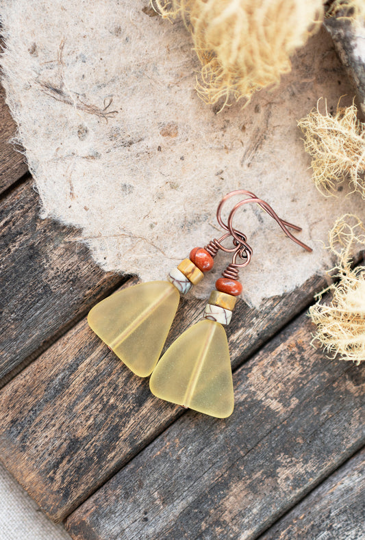 Yellow Sea Glass Triangle Boho Earrings