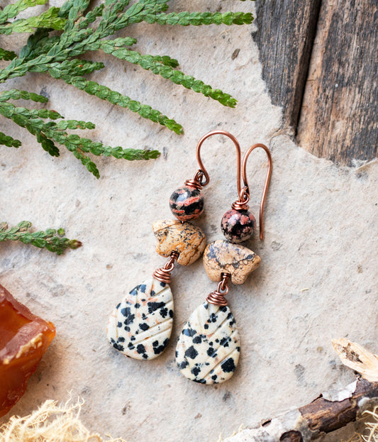 Bear Rustic Gemstone Mexican Snowflake Obsidian Earrings